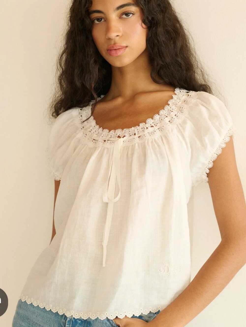 Women's White Blouse - DÔEN Marinette Vintage Inspired Peasant Embroidery Size M
